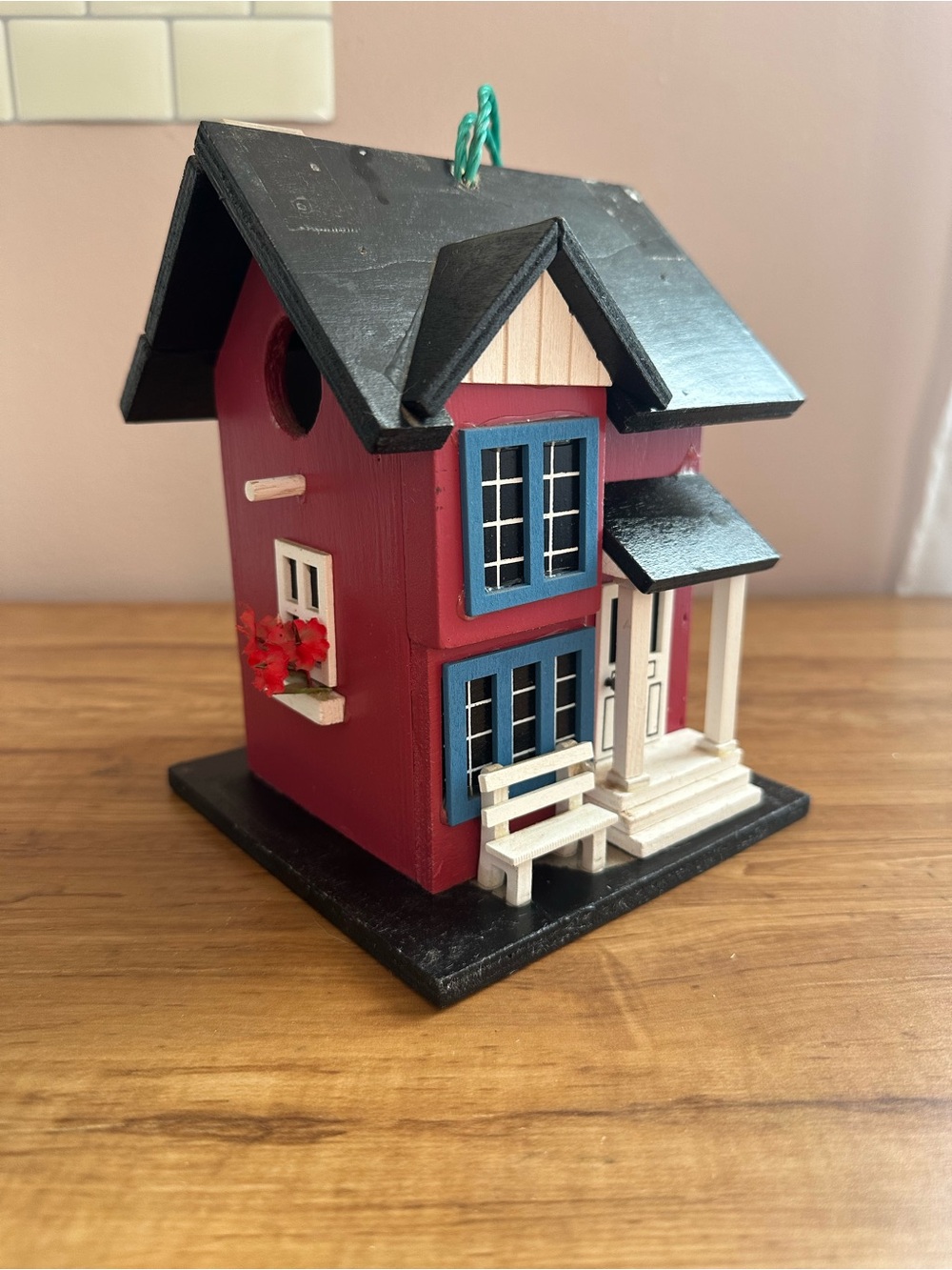 Hand Crafted Red and Black Miniature Wooden House Birdhouse